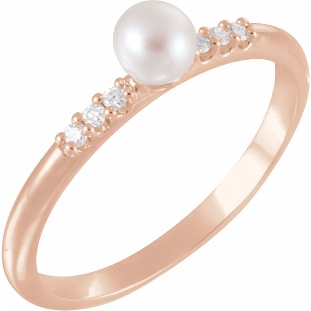 14K Rose Cultured White Freshwater Pearl & .05 CTW Natural Diamond Ring 