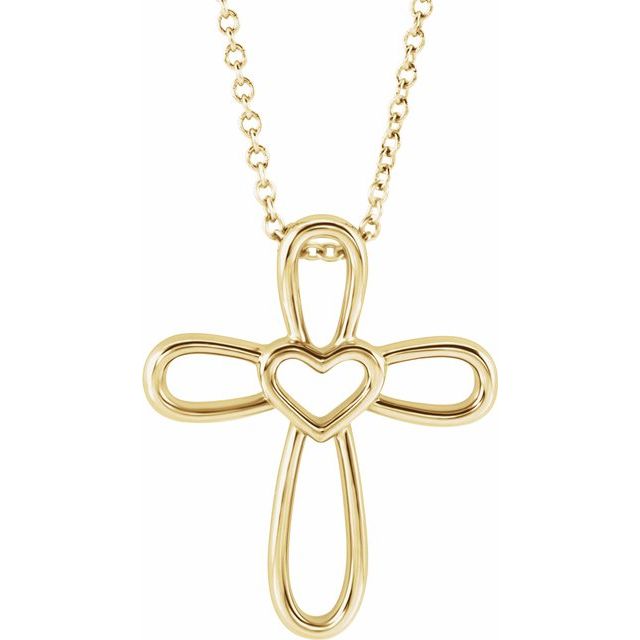 14K Yellow Cross with Heart 16-18" Necklace 1