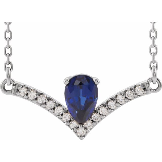 14K White Lab-Created Blue Sapphire & .06 CTW Diamond 16" Necklace