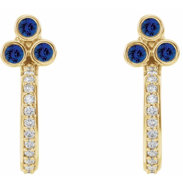 14K Yellow Lab-Created Blue Sapphire & 1/4 CTW Diamond J-Hoop Earrings