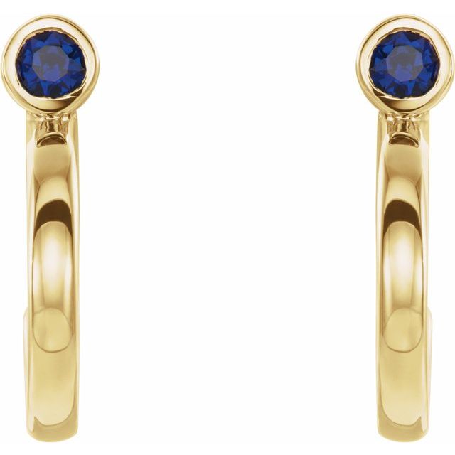 14K Yellow 3 mm Round Blue Sapphire Bezel-Set Hoop Earrings 2