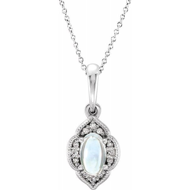 14K White Rainbow Moonstone & .03 CTW Diamond Clover 16-18" Necklace 1