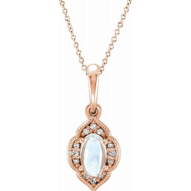 14K Rose Rainbow Moonstone & .03 CTW Diamond Clover 16-18" Necklace 1