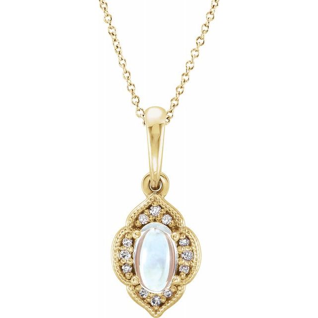 14K Yellow Rainbow Moonstone & .03 CTW Diamond Clover 16-18" Necklace 1
