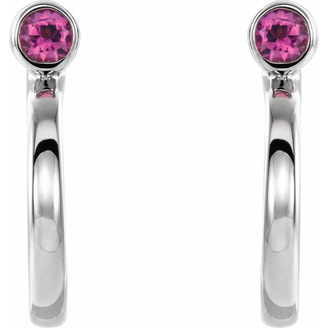 14K White 2 mm Round Pink Tourmaline Bezel-Set Hoop Earrings 2
