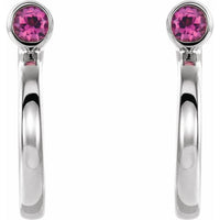 14K White 2 mm Round Pink Tourmaline Bezel-Set Hoop Earrings 2