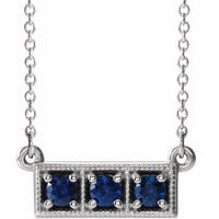 14K White Blue Sapphire Three-Stone Granulated Bar 16-18" Necklace 1