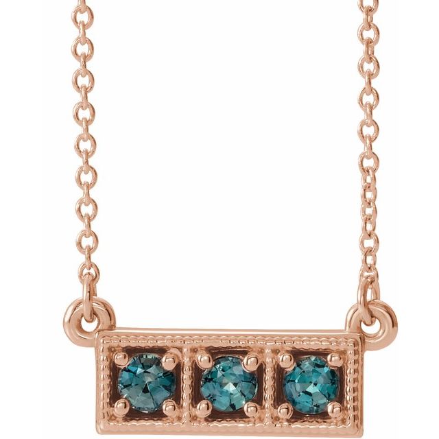 14K Rose Blue Zircon Three-Stone Granulated Bar 16-18" Necklace 1