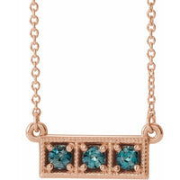 14K Rose Blue Zircon Three-Stone Granulated Bar 16-18" Necklace 1