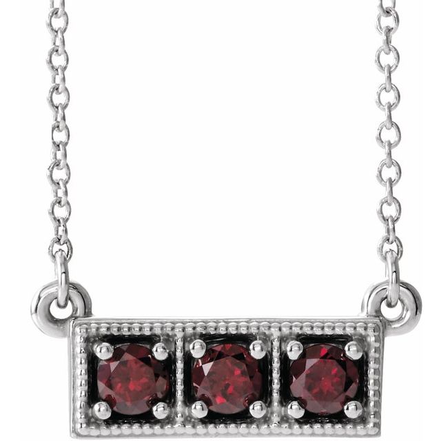 14K White Mozambique Garnet Three-Stone Granulated Bar 16-18" Necklace 1