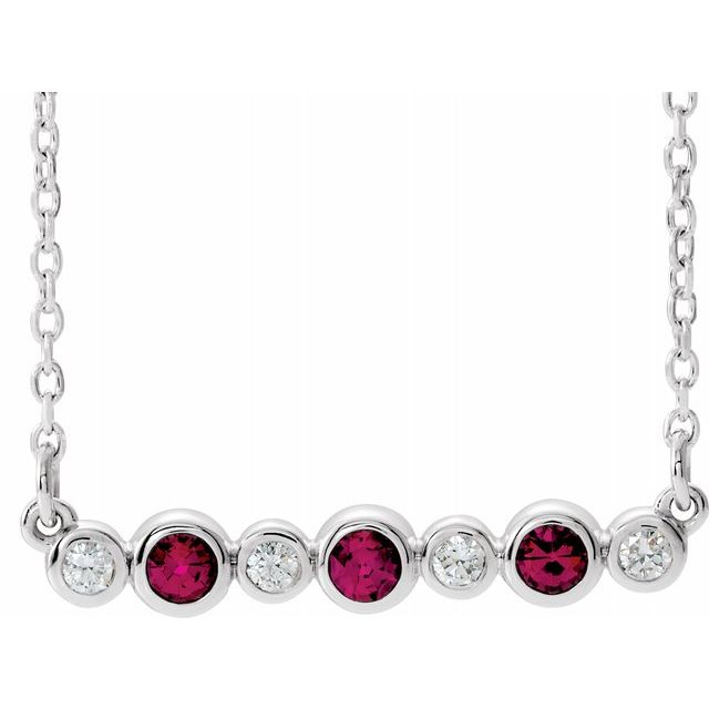 14K White Lab-Created Ruby & .08 CTW Diamond Bezel-Set Bar 16-18" Necklace