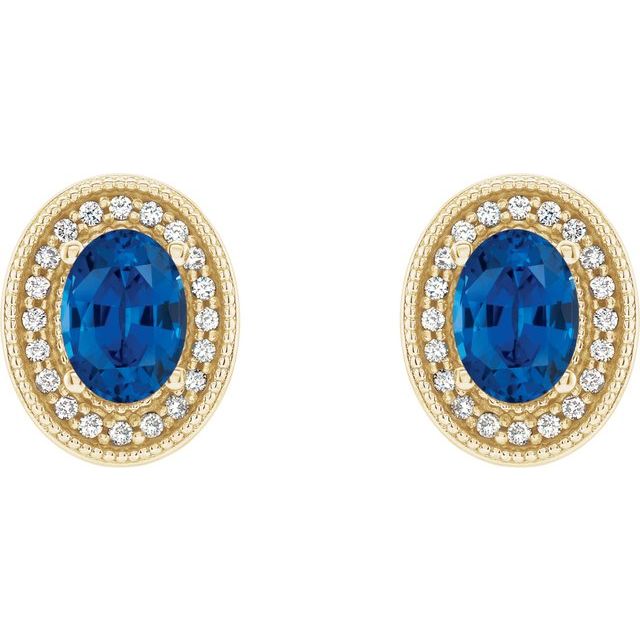 14K Yellow Gold 6x4 mm Natural Blue Sapphire & 1/5 CTW Natural Diamond Halo-Style Earrings