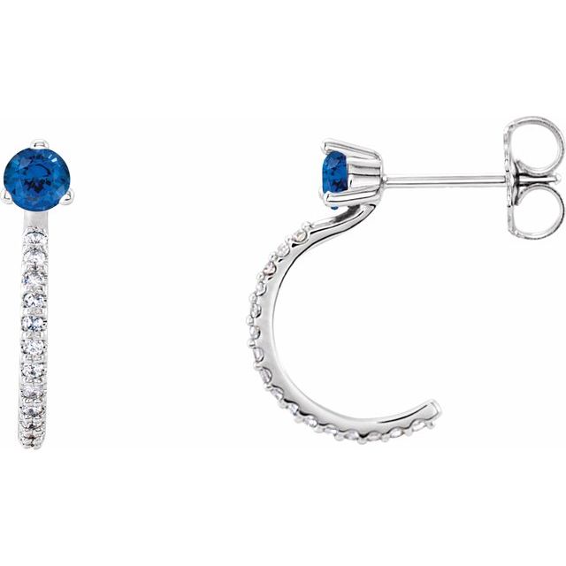 14K White Blue Sapphire & 1/6 CTW Diamond Hoop Earrings 1