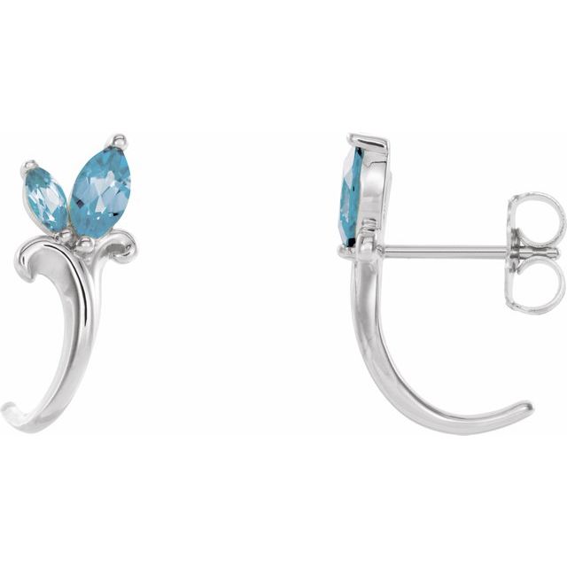 14K White Aquamarine Floral-Inspired J-Hoop Earrings 1
