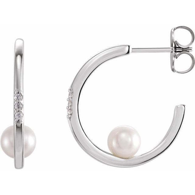14K White Freshwater Cultured Pearl & .03 CTW Diamond Hoop Earrings 1