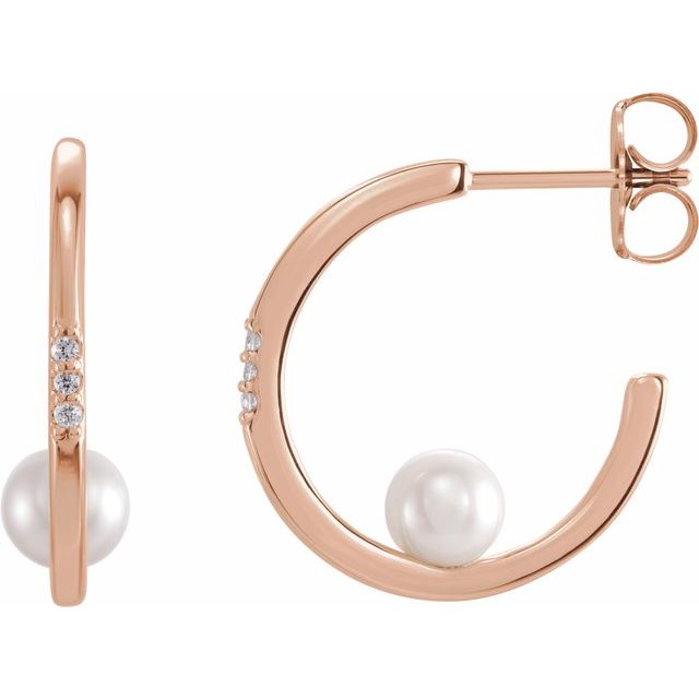 14K Rose Freshwater Cultured Pearl & .03 CTW Diamond Hoop Earrings 1