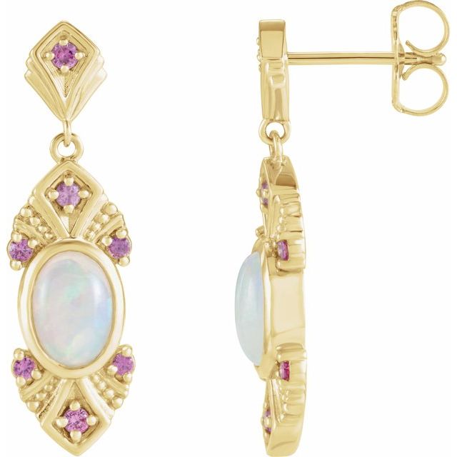 14K Yellow Gold Natural Ethiopian Opal & Natural Pink Sapphire Vintage-Inspired Earrings
