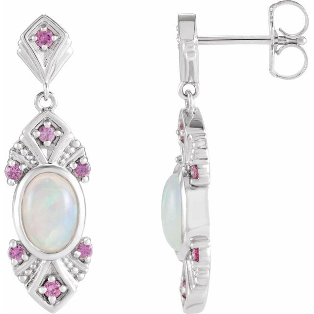 14K White Gold Natural Ethiopian Opal & Natural Pink Sapphire Vintage-Inspired Earrings