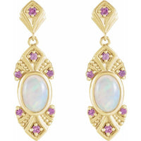 14K Yellow Gold Natural Ethiopian Opal & Natural Pink Sapphire Vintage-Inspired Earrings