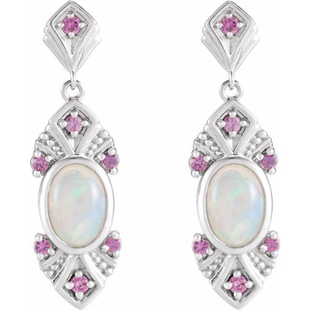 14K White Gold Natural Ethiopian Opal & Natural Pink Sapphire Vintage-Inspired Earrings