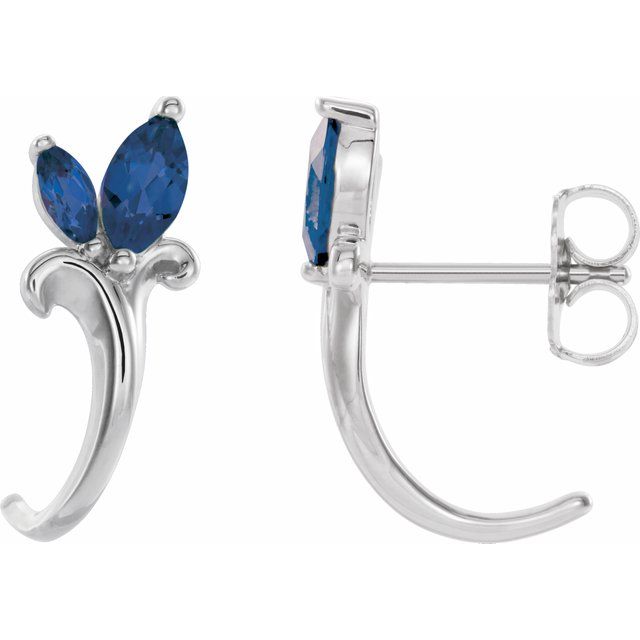 14K White Blue Sapphire Floral-Inspired J-Hoop Earrings 1