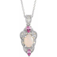 14K White Gold Natural White Gold Opal, Natural Pink Sapphire & 1/10 CTW Natural Diamond 16-18" Necklace