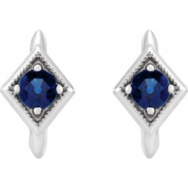 14K White Blue Sapphire Geometric Hoop Earrings 2