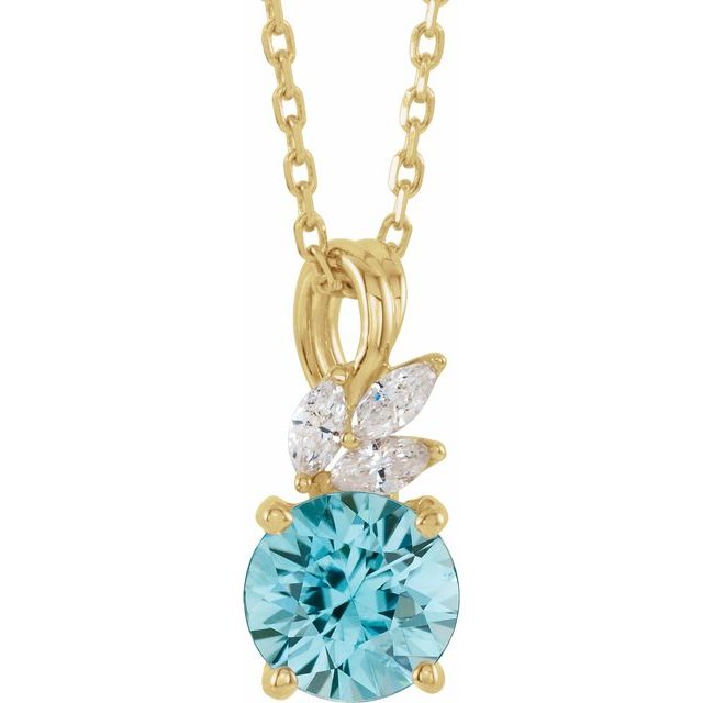 14K Yellow Blue Zircon & 1/10 CTW Diamond 16-18" Necklace 1