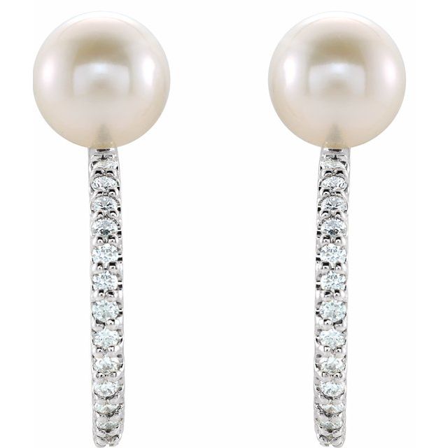 14K White Freshwater Cultured Pearl & 1/6 CTW Diamond Hoop Earrings 2