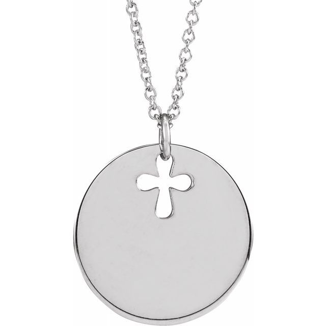 14K White Pierced Cross Engravable Disc 16-18" Necklace 1