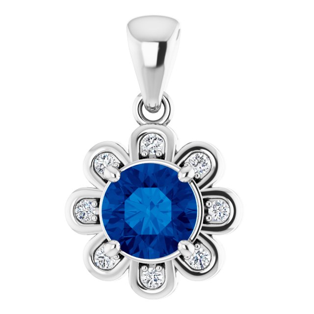 14K White Chatham&reg Created Blue Sapphire & 1/8 CTW Diamond Pendant 1