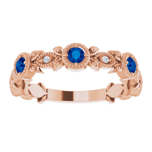 14K Rose Natural Blue Sapphire & .03 CTW Natural Diamond Leaf Ring