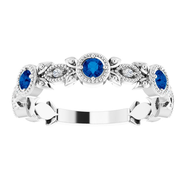 14K White Natural Lab-Grown Blue Sapphire & .03 CTW Natural Diamond Leaf Ring