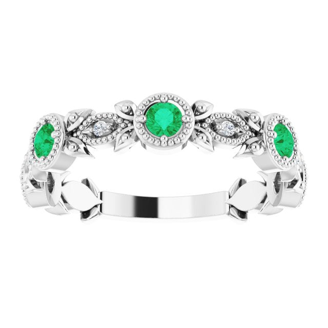 14K White Natural Lab-Grown Emerald & .03 CTW Natural Diamond Leaf Ring