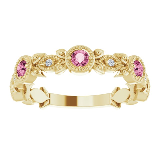 14K Yellow Natural Pink Tourmaline & .03 CTW Natural Diamond Leaf Ring