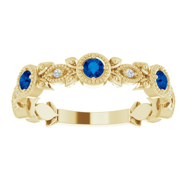 14K Yellow Natural Lab-Grown Blue Sapphire & .03 CTW Natural Diamond Leaf Ring