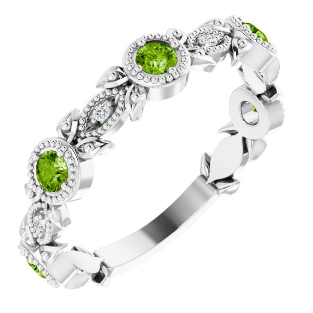 14K White Natural Peridot & .03 CTW Natural Diamond Leaf Ring