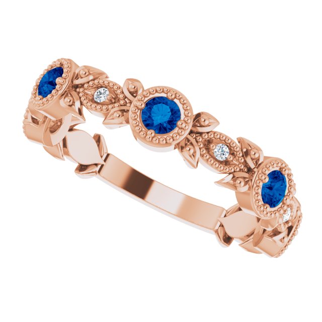 14K Rose Natural Blue Sapphire & .03 CTW Natural Diamond Leaf Ring