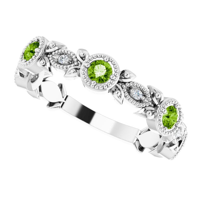 14K White Natural Peridot & .03 CTW Natural Diamond Leaf Ring