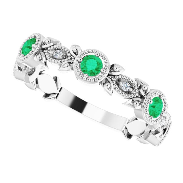 14K White Natural Lab-Grown Emerald & .03 CTW Natural Diamond Leaf Ring
