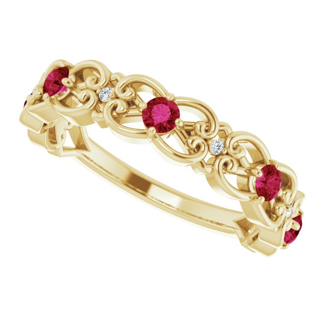 14K Yellow Lab-Grown Ruby & .02 CTW Natural Diamond Scroll Ring