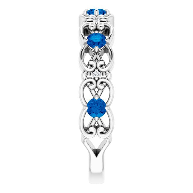 14K White Natural Blue Sapphire & .02 CTW Natural Diamond Scroll Ring