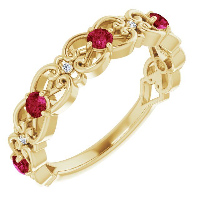 14K Yellow Lab-Grown Ruby & .02 CTW Natural Diamond Scroll Ring