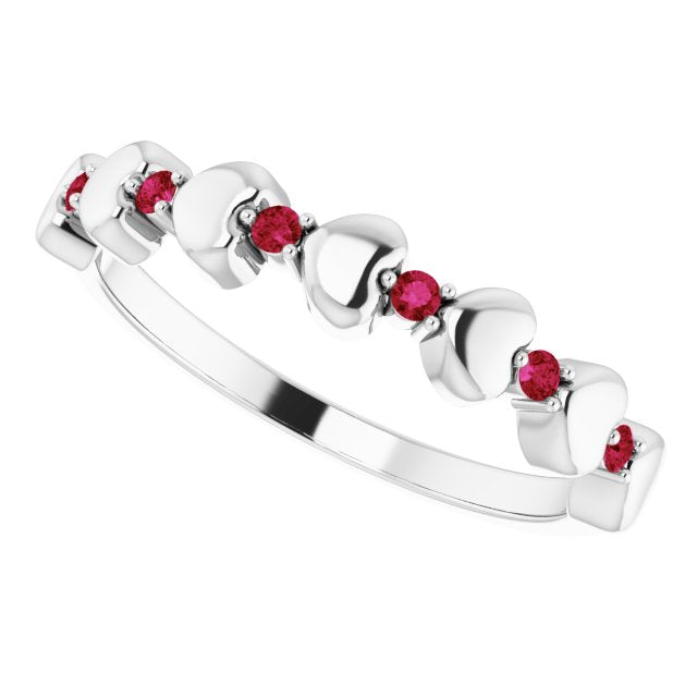 14K White Natural Ruby Heart Stackable Ring
