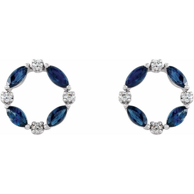 14K White Gold Natural Blue Sapphire & 1/10 CTW Natural Diamond Circle Earrings
