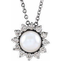 14K White Gold  Cultured White Gold Akoya Pearl & 1/6 CTW Natural Diamond Halo-Style 16-18" Necklace