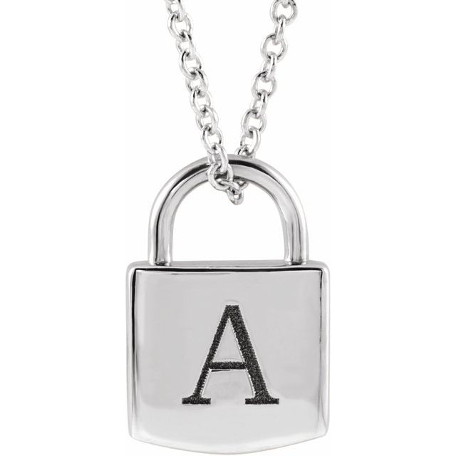 14K White 12.02x8 mm Engravable Lock 16-18" Necklace 3