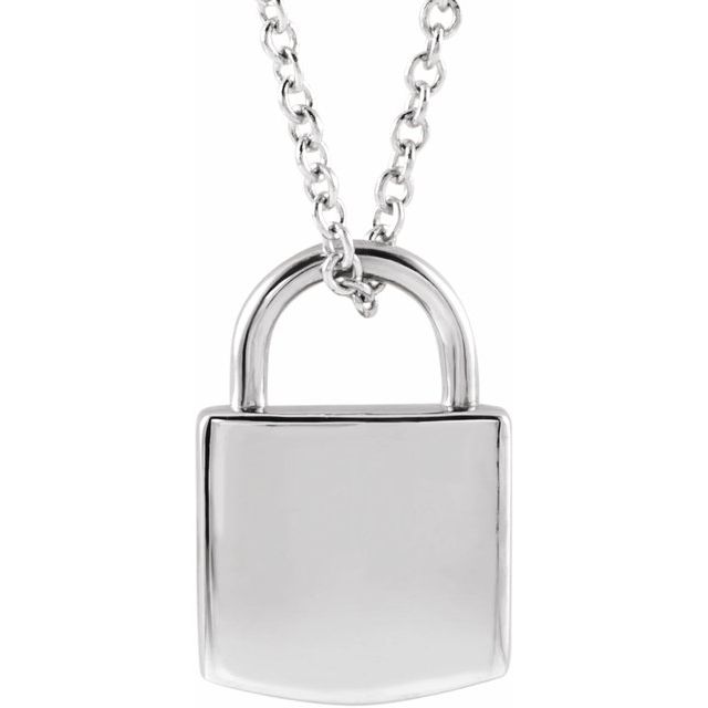 14K White 12.02x8 mm Engravable Lock 16-18" Necklace 1