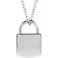 14K White 12.02x8 mm Engravable Lock 16-18" Necklace 1