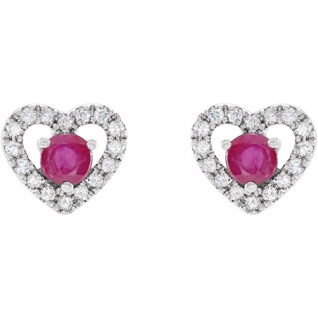 14K White Gold Natural Ruby & 1/10 CTW Natural Diamond Heart Earrings
